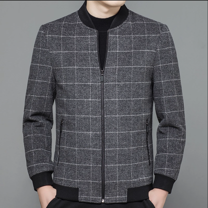 Fineryclothes Men's Plaid Bomber Jacket, Gray Windowpane Pattern, Zip Front with Ribbed Collar