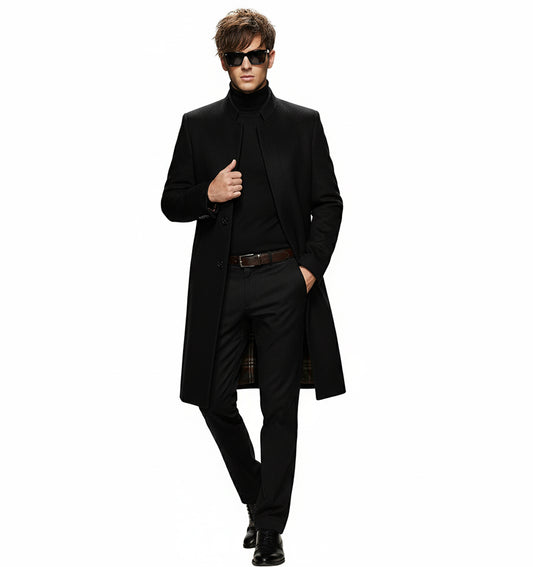 Fineryclothes Men's Wool Blend Stand Collar Overcoat, Classic Long Winter Coat, Khaki Gray, 3-Button Front