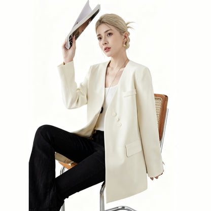 Fineryclothes Women's Elegant Long Blazer, Cream White, Double-Button Front, V-Neck