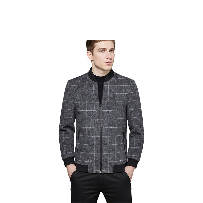 Men's Zip Front Bomber Jacket - Gray Windowpane Plaid with Ribbed Collar
