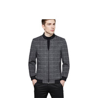 Men's Zip Front Bomber Jacket - Gray Windowpane Plaid with Ribbed Collar