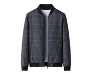 Men's Zip Front Bomber Jacket - Gray Windowpane Plaid with Ribbed Collar