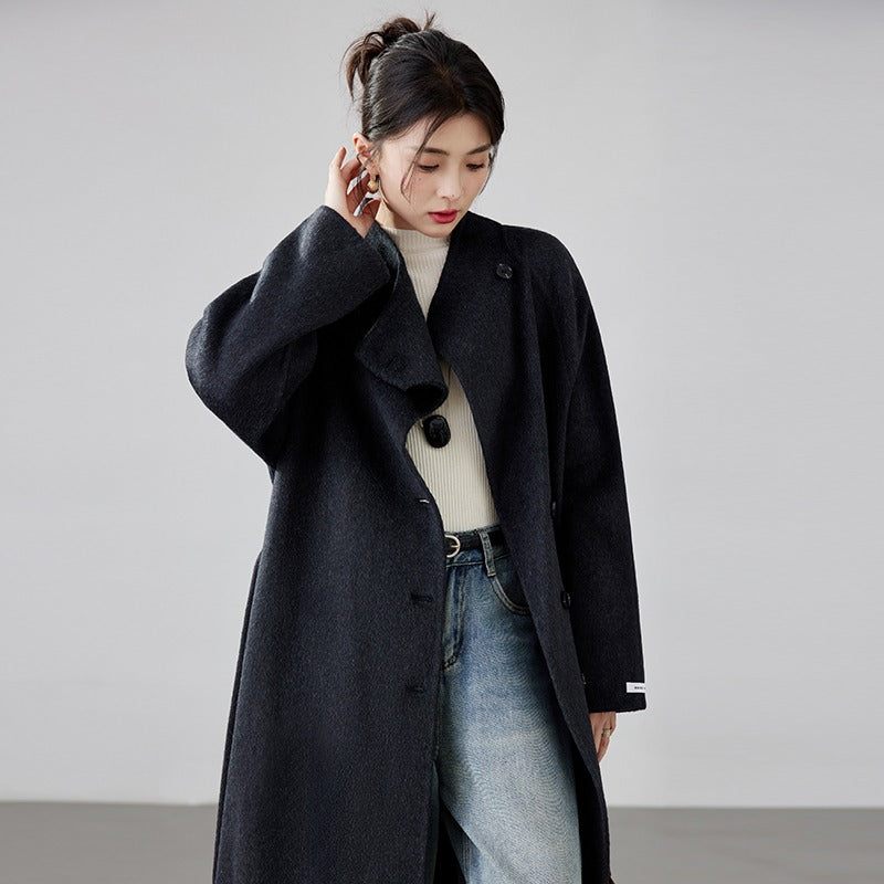 High-end Hepburn Retro Stand-up Collar Diagonal Buckle Double-faced Cashmere Coat | Slim, Thickened Warm Woolen Outerwear