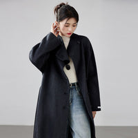 High-end Hepburn Retro Stand-up Collar Diagonal Buckle Double-faced Cashmere Coat | Slim, Thickened Warm Woolen Outerwear