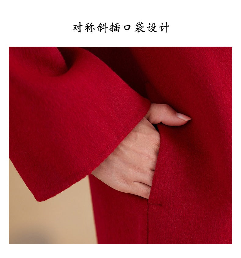 Women's New Chinese Red Double-faced Cashmere Coat | 2025 New Year/Wedding Bride Toast Mid-long Outerwear