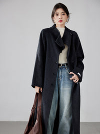 High-end Hepburn Retro Stand-up Collar Diagonal Buckle Double-faced Cashmere Coat | Slim, Thickened Warm Woolen Outerwear