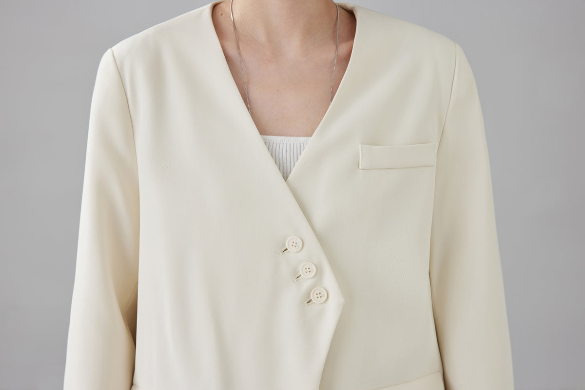 Women's Elegant Cream White Double-Button V-Neck Long Blazer