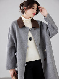 Women's 2025 A/W New High-end Korean Double-Faced Cashmere Coat | Contrast Patchwork Collar Woolen Outerwear