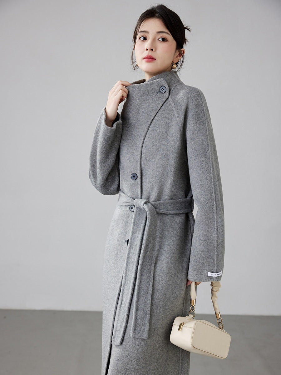 High-end Hepburn Retro Stand-up Collar Diagonal Buckle Double-faced Cashmere Coat | Slim, Thickened Warm Woolen Outerwear