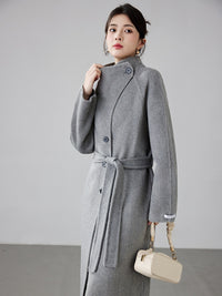 High-end Hepburn Retro Stand-up Collar Diagonal Buckle Double-faced Cashmere Coat | Slim, Thickened Warm Woolen Outerwear
