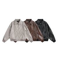 Multi-Zipper Faux Leather Bomber Jacket, Ribbed Collar and Cuffs, Available in Grey, Black, Brown