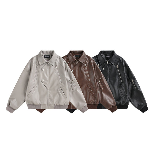 Multi-Zipper Faux Leather Bomber Jacket, Ribbed Collar and Cuffs, Available in Grey, Black, Brown