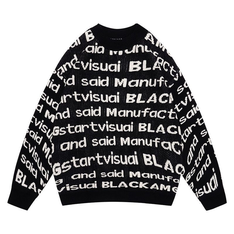 Fineryclothes All-Over Text Print Knit Sweater, Crewneck, Long Sleeve, Available in Black, Brown, Blue
