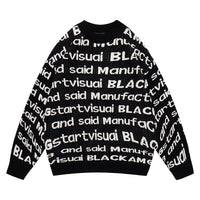 Fineryclothes All-Over Text Print Knit Sweater, Crewneck, Long Sleeve, Available in Black, Brown, Blue