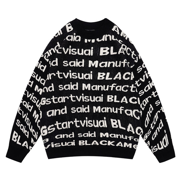 Fineryclothes All-Over Text Print Knit Sweater, Crewneck, Long Sleeve, Available in Black, Brown, Blue