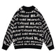 Fineryclothes All-Over Text Print Knit Sweater, Crewneck, Long Sleeve, Available in Black, Brown, Blue