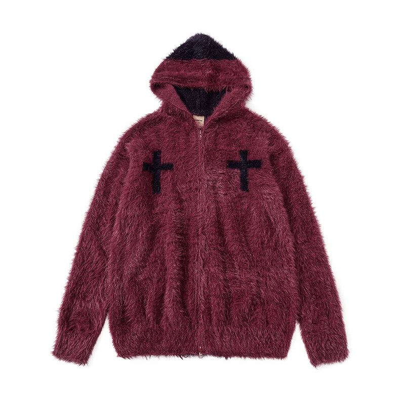 Fineryclothes Plush Faux Fur Hooded Jacket with Cross Design, Zip Front, Available in Burgundy, White, Black