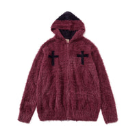 Fineryclothes Plush Faux Fur Hooded Jacket with Cross Design, Zip Front, Available in Burgundy, White, Black