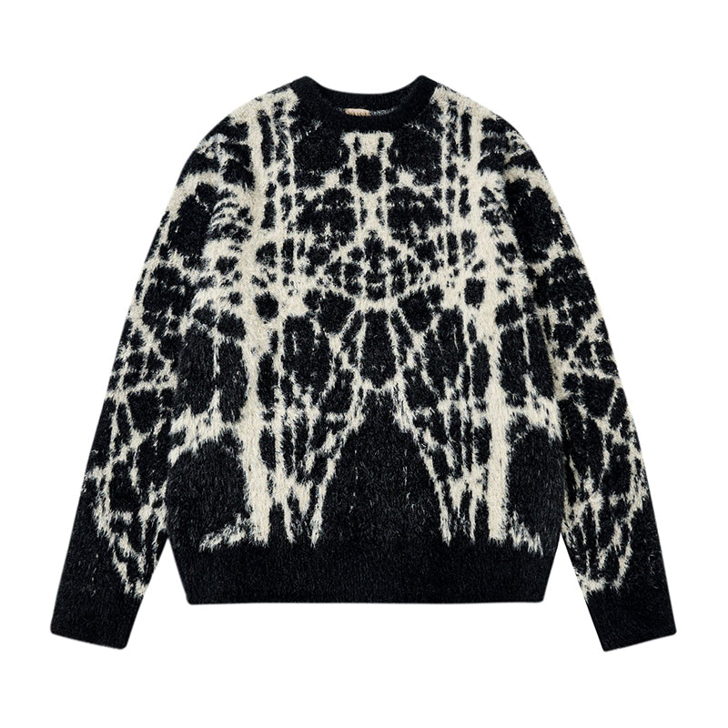 Fineryclothes Abstract Pattern Knit Sweater, Long Sleeve Crew Neck Pullover, Black and White, Gray and White