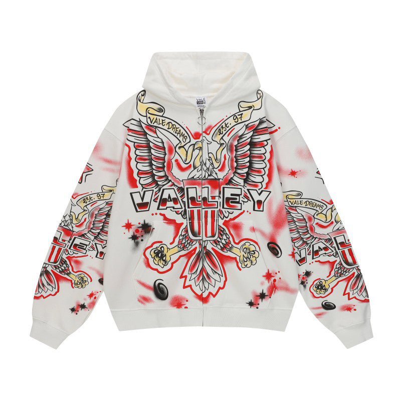 Valley Graphic Print Zip-Up Hoodie, Red and White Design, Available in Pink and White