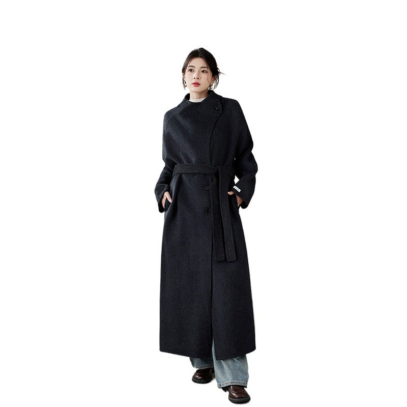 High-end Hepburn Retro Stand-up Collar Diagonal Buckle Double-faced Cashmere Coat | Slim, Thickened Warm Woolen Outerwear