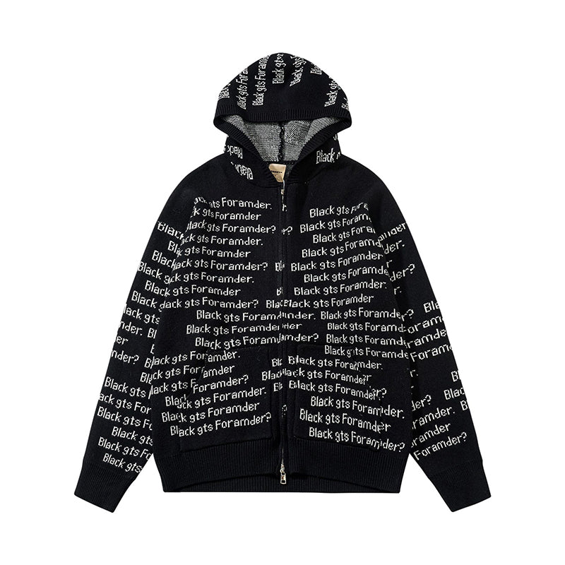 Fineryclothes Text Print Zip-Up Hoodie Sweatshirt, Black and Grey, All-Over Typography Pattern