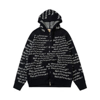Fineryclothes Text Print Zip-Up Hoodie Sweatshirt, Black and Grey, All-Over Typography Pattern