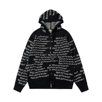 Fineryclothes Text Print Zip-Up Hoodie Sweatshirt, Black and Grey, All-Over Typography Pattern