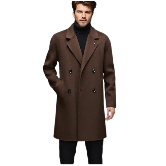 Fineryclothes Men's Double-Breasted Wool Blend Overcoat, Brown, Mid-Length Winter Coat with Notched Lapel