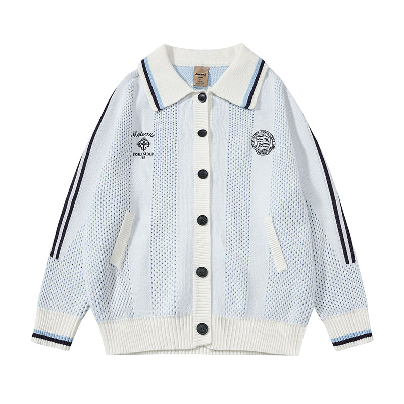 Fineryclothes Mesh Knit Button-Up Cardigan Sweater with Striped Trim, Polo Collar, White and Navy, 2-Pack