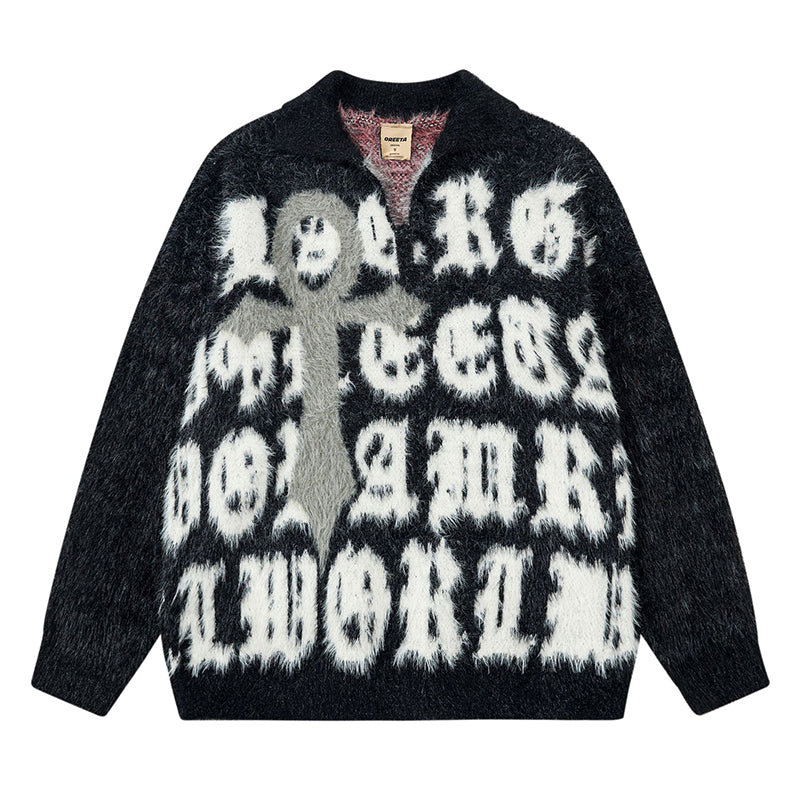 Fineryclothes Fuzzy Text Graphic Sweater, Black and White, Oversized Typography Design