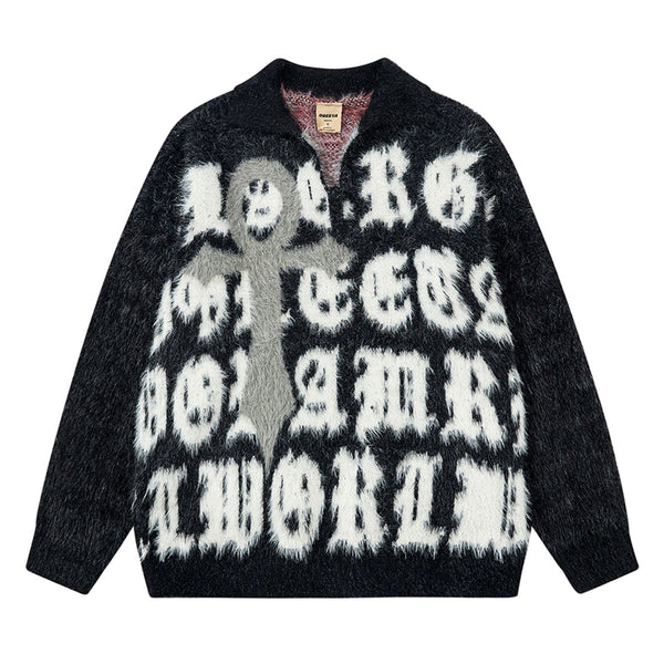 Fineryclothes Fuzzy Text Graphic Sweater, Black and White, Oversized Typography Design