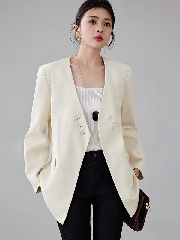 Women's Elegant Cream White Double-Button V-Neck Long Blazer
