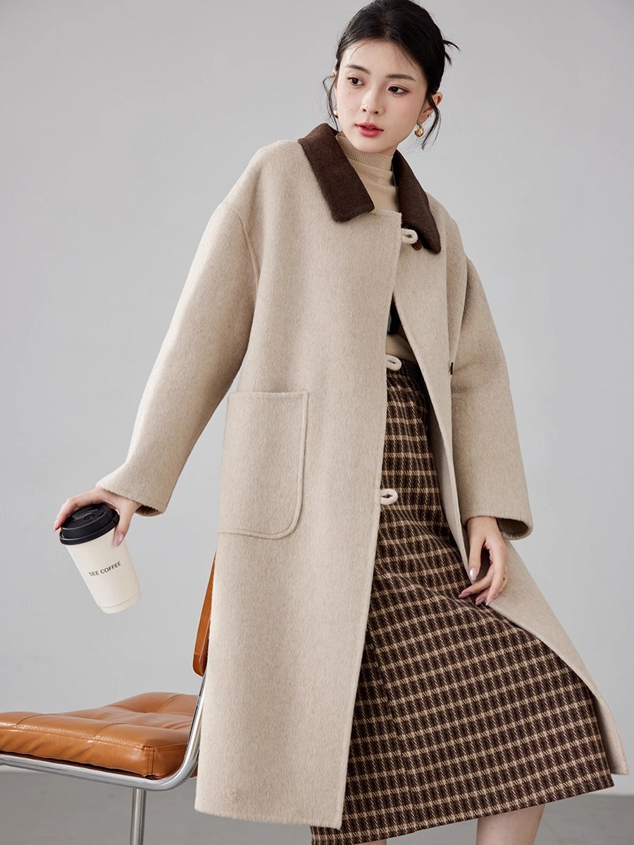 Women's 2025 A/W New High-end Korean Double-Faced Cashmere Coat | Contrast Patchwork Collar Woolen Outerwear