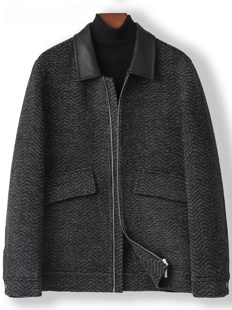Men's 2025 A/W Double-faced Wool Outerwear: Woolen Overcoat & Jacket with Genuine Leather Patchwork, Casual Style