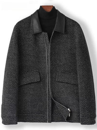 Men's 2025 A/W Double-faced Wool Outerwear: Woolen Overcoat & Jacket with Genuine Leather Patchwork, Casual Style