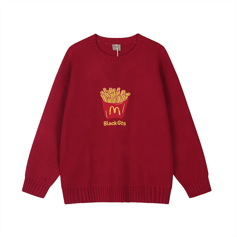 Fineryclothes French Fries Print Knit Sweater, Black and Red, Casual Pullover with Food Graphic