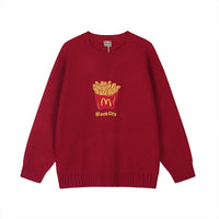 Fineryclothes French Fries Print Knit Sweater, Black and Red, Casual Pullover with Food Graphic
