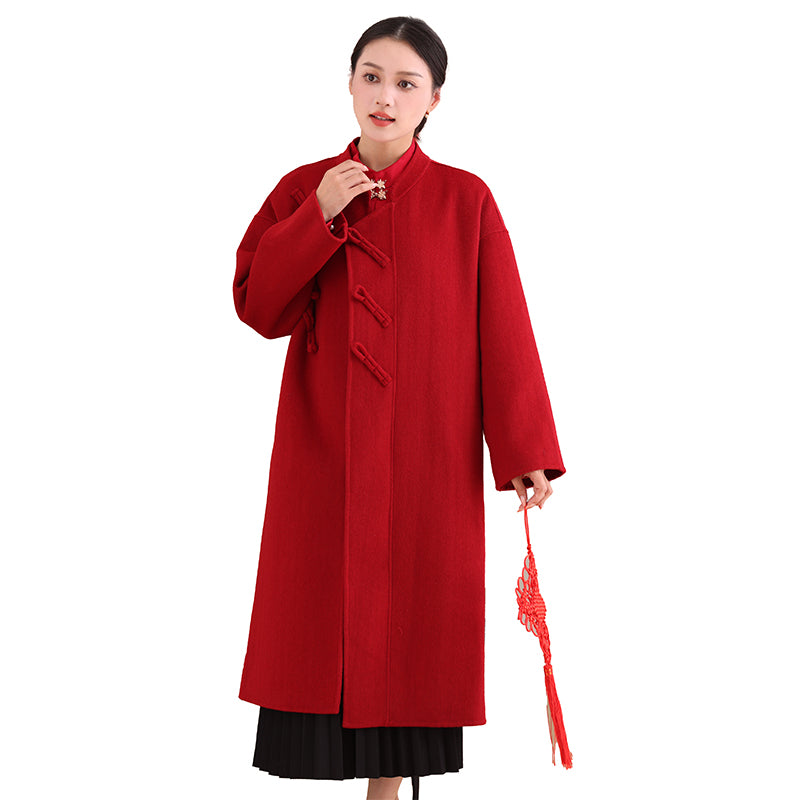 Women's New Chinese Red Double-faced Cashmere Coat | 2025 New Year/Wedding Bride Toast Mid-long Outerwear