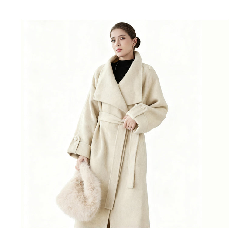 Fineryclothes Double-Faced Wool Wrap Coat, Mid-Calf Length, Shawl Collar, Long Sleeves, STYLE NO.004