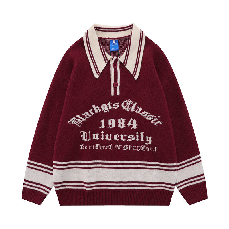 Fineryclothes Vintage University Style Knit Sweater, 1984 Graphic Design, Burgundy and White Striped Collar, Collegiate Pullover