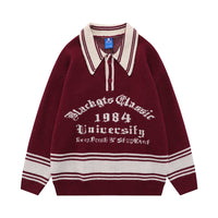 Fineryclothes Vintage University Style Knit Sweater, 1984 Graphic Design, Burgundy and White Striped Collar, Collegiate Pullover