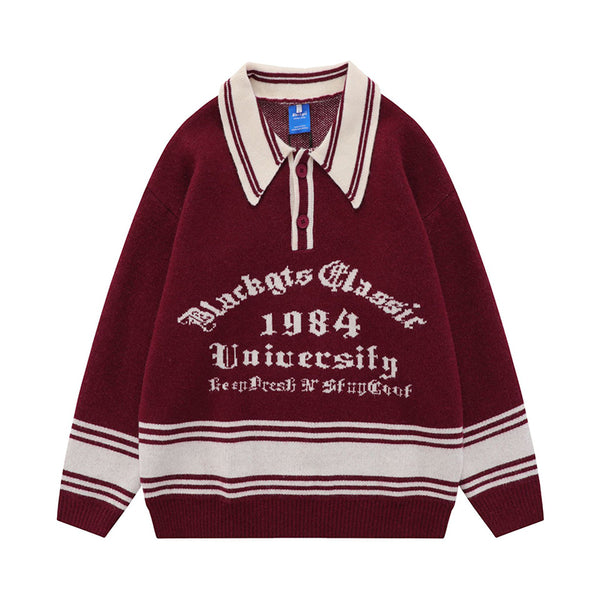 Fineryclothes Vintage University Style Knit Sweater, 1984 Graphic Design, Burgundy and White Striped Collar, Collegiate Pullover