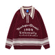 Fineryclothes Vintage University Style Knit Sweater, 1984 Graphic Design, Burgundy and White Striped Collar, Collegiate Pullover