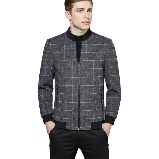 Fineryclothes Men's Plaid Bomber Jacket, Gray Windowpane Pattern, Zip Front with Ribbed Collar