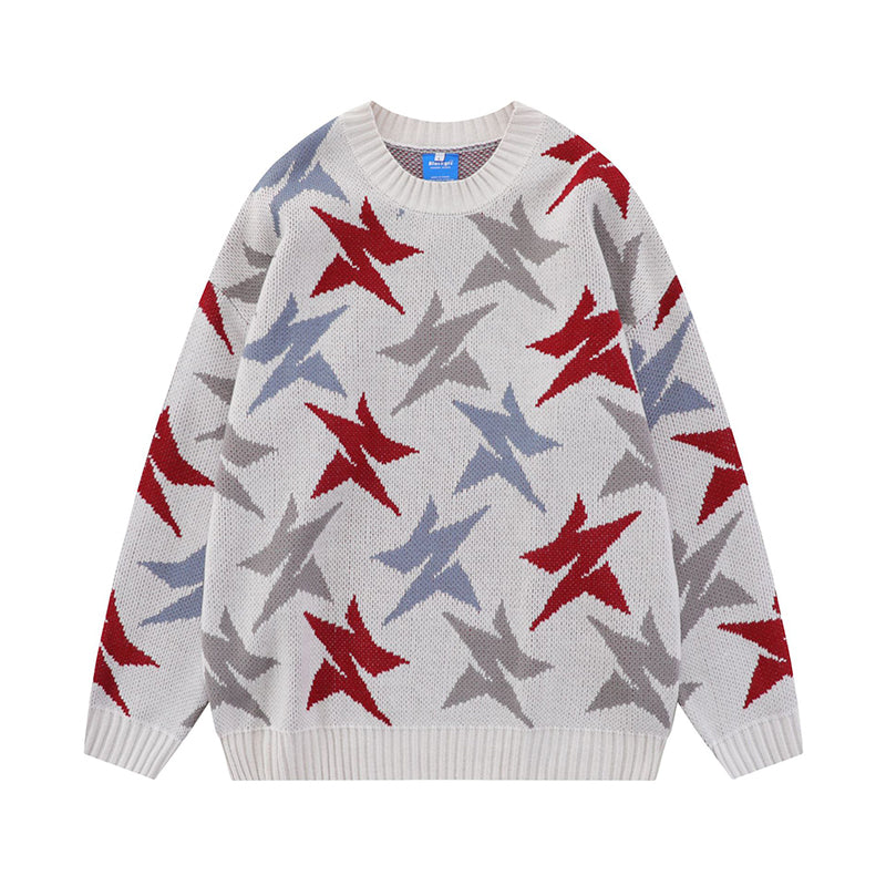 Fineryclothes Star Pattern Knit Sweater, Crew Neck, Long Sleeve, Available in White and Brown