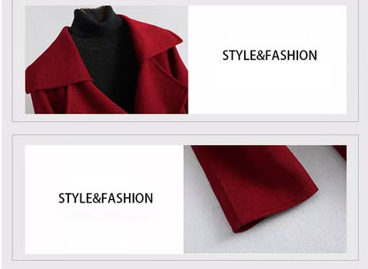 Fineryclothes women's Elegant Long Wool Coat, Red Winter Overcoat with Wide Lapel Collar, Mid-Length