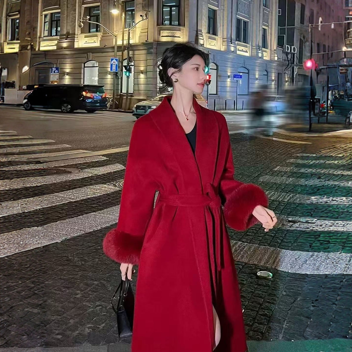 Women's red double-faced cashmere coat, new autumn and winter style, high-end fox fur sleeves, mid-length woolen coat for wedding and engagement