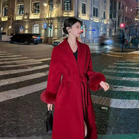 Women's red double-faced cashmere coat, new autumn and winter style, high-end fox fur sleeves, mid-length woolen coat for wedding and engagement