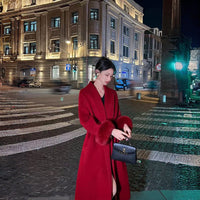 Women's red double-faced cashmere coat, new autumn and winter style, high-end fox fur sleeves, mid-length woolen coat for wedding and engagement
